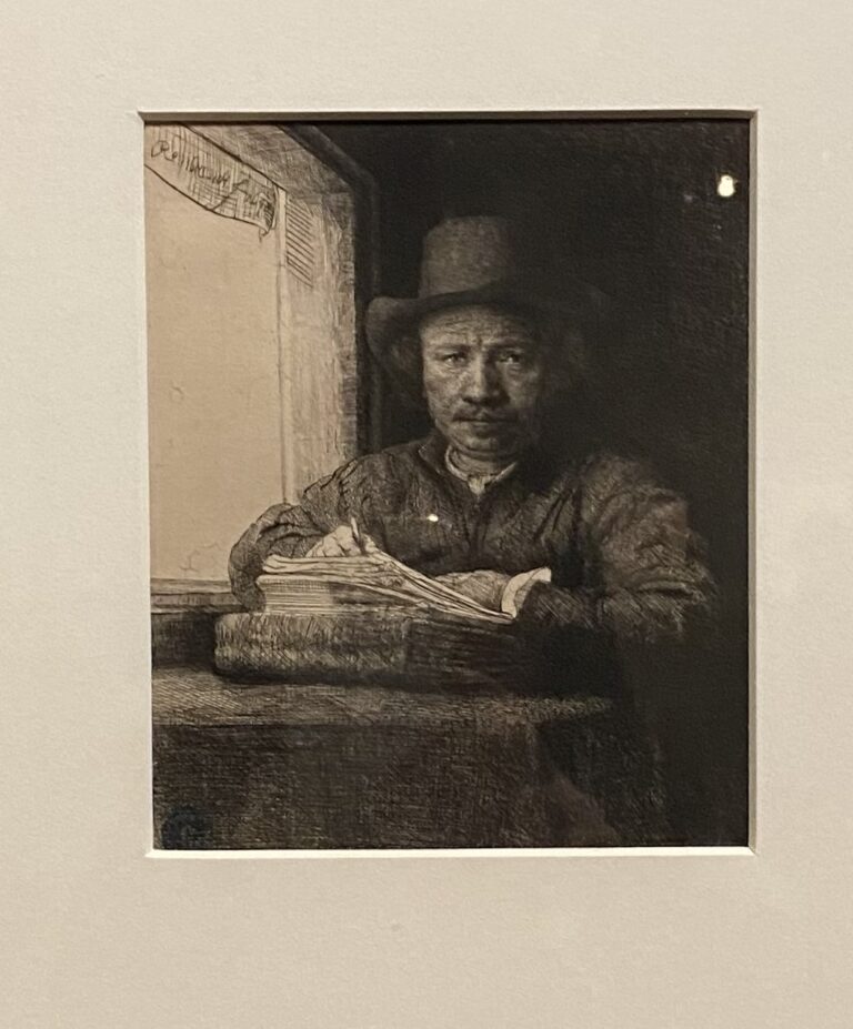窓際で版画制作する自画像、レンブラント、1648年